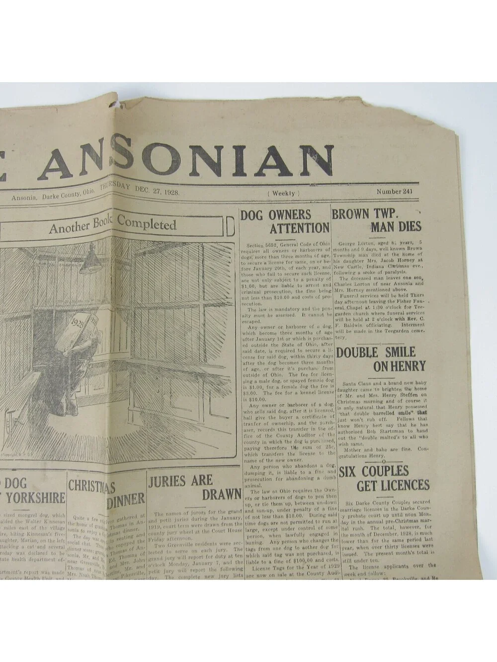 The Ansonian Newspaper Ansonia Darke County Ohio Thursday Dec 1928 Antique RARE